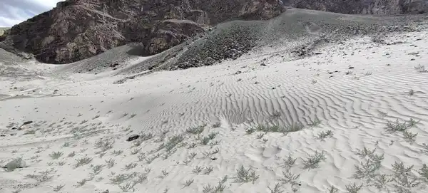 Black-and-white panorama of soft sand dunes in front of a rocky mountainside