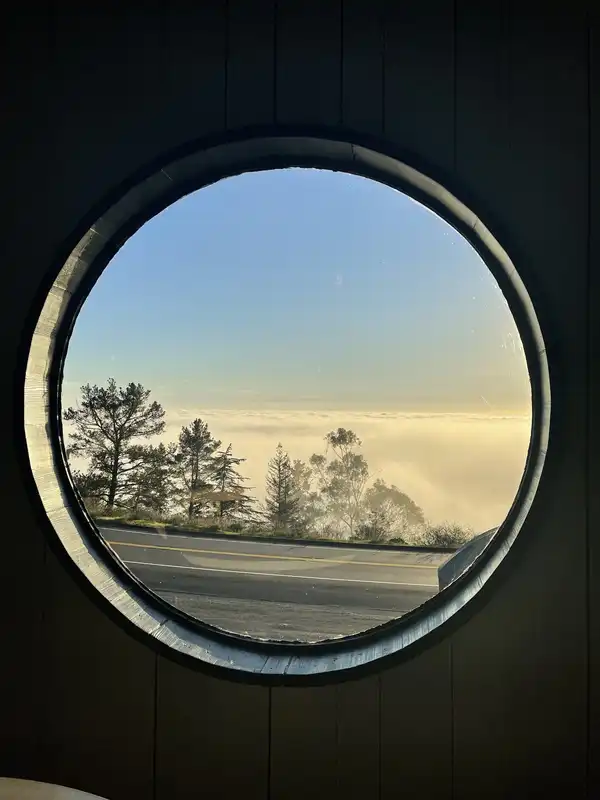 A round black window framing pine trees and a sea of low cloud under a clear sky
